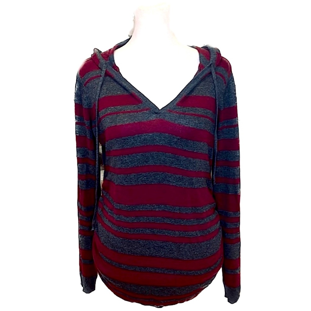 Motherhood Maternity Gray & Red Striped V-Neck Hooded Sweater, Women’s Size M.